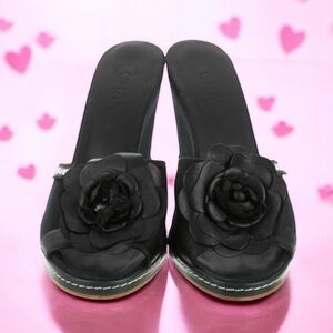 💞CHANEL Canvas Leather Camellia Slide On Platform Wedge Sandals • BLACK • 36.5EU